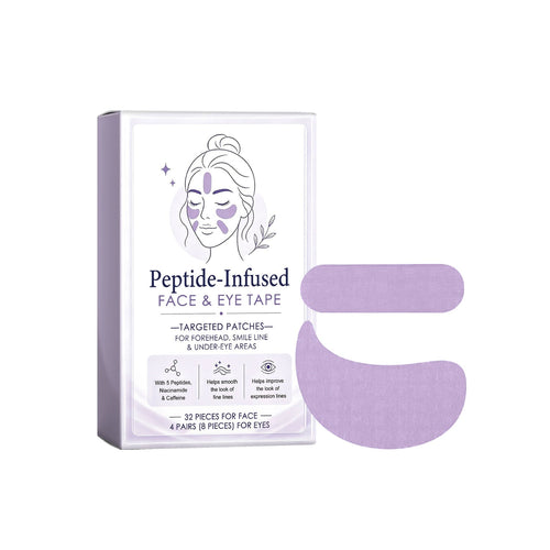 Peptide infused face and eye tape box with a forehead strip and an under-eye patch